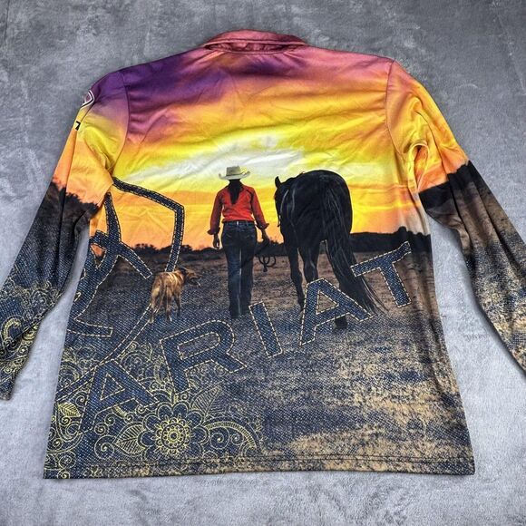 Ariat Polo Shirt Mens Extra Large Multicolor Sunset Western Graphic Long Sleeve - Picture 3 of 14
